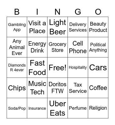 Super Bowl Commercials Bingo Card