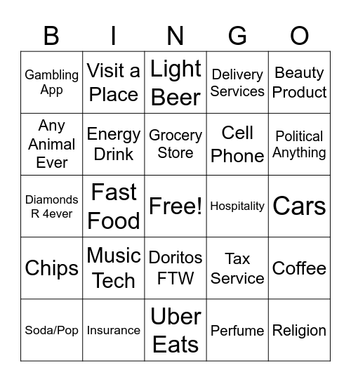 Super Bowl Commercials Bingo Card