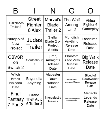 The GAME AWARDS 2025 Bingo Card