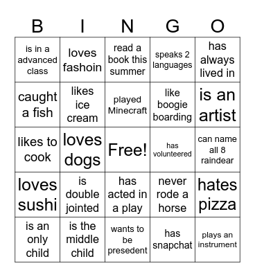 personality bingo Card