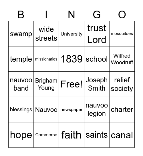 Nauvoo Bingo Card