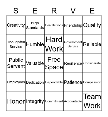 Public Service Recognition Week 2013 Bingo Card