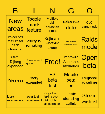 Arknights Endfield Beta 2 bingo Card