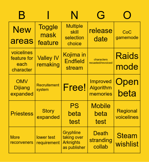 Arknights Endfield Beta 2 bingo Card