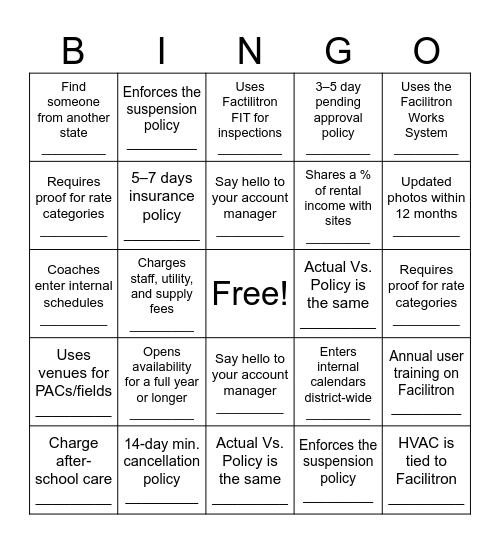 Facilitron Best Practice Bingo! Bingo Card