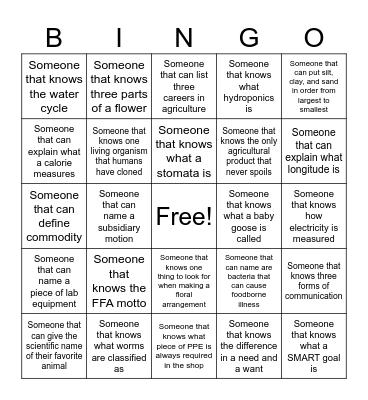 Introduction to AG First Day of Class Bingo Card