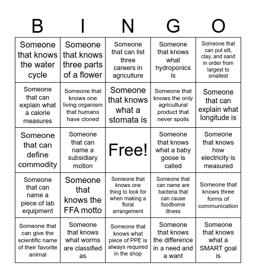 Introduction to AG First Day of Class Bingo Card