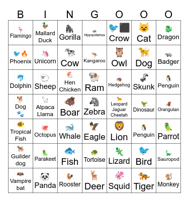 Animals Bingo Card