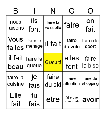 Le Verbe Faire Bingo Card