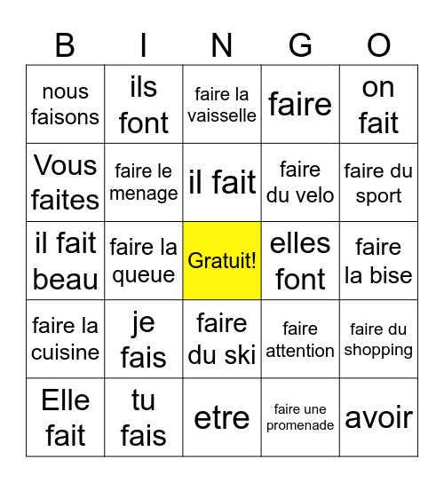 Le Verbe Faire Bingo Card