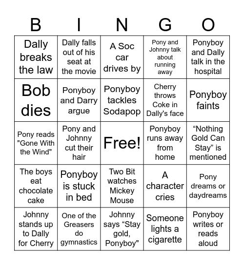 The Outsiders Movie Bingo Card