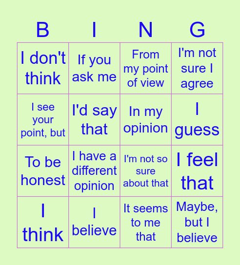 Expressing opinions Bingo Card