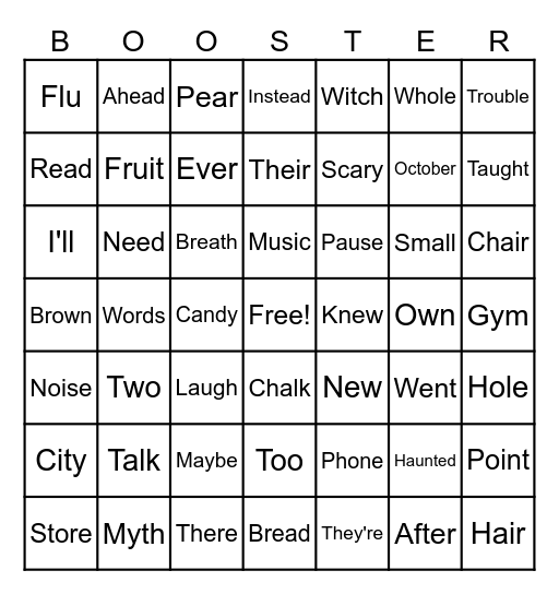 Booster Spelling October Bingo Card