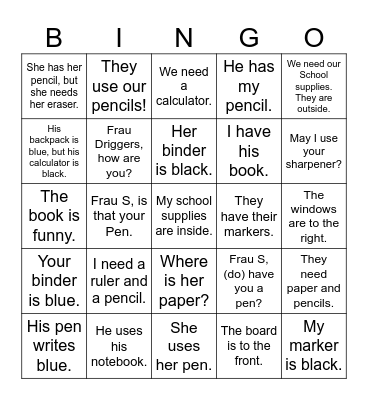 Sag's auf Deutsch - Schulsachen Bingo Card