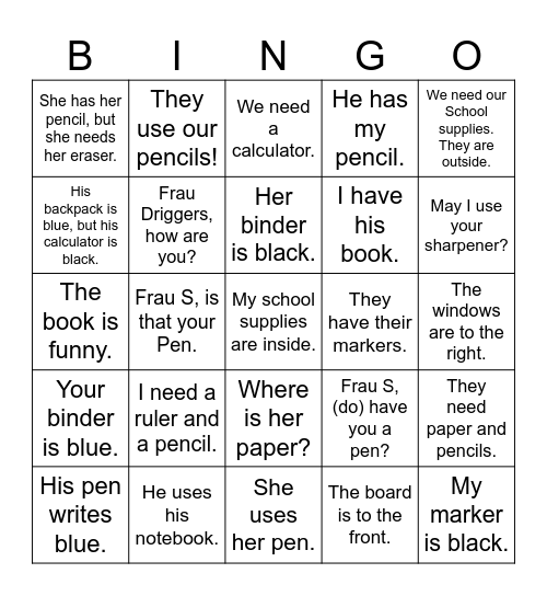 Sag's auf Deutsch - Schulsachen Bingo Card