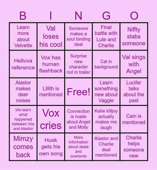 Jen's Hazbin S2 Bingo Card