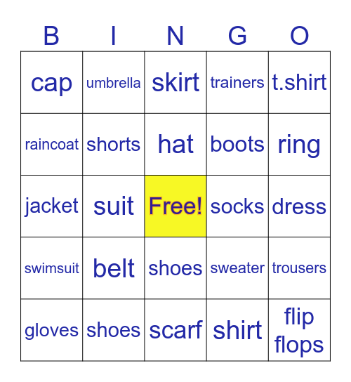 CLOTHES Bingo Card