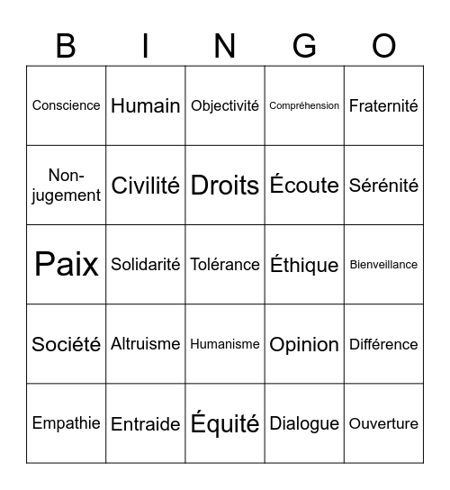 Journée internationale pour la tolérance Bingo Card