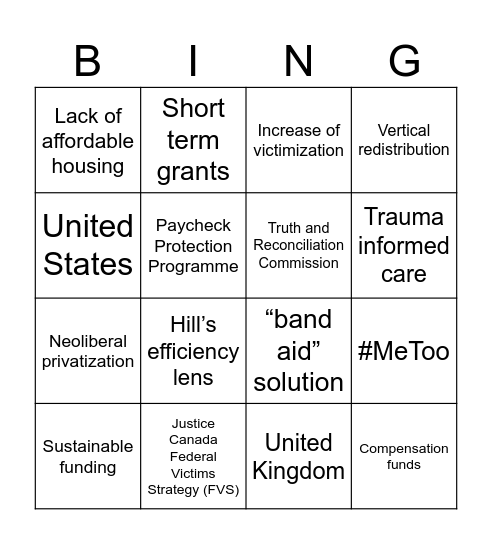 Victim Service Bingo Card