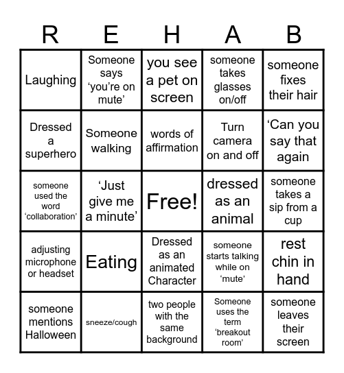 National Rehab Conference Bingo Card