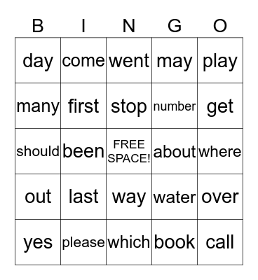 Sight Word Bingo Card