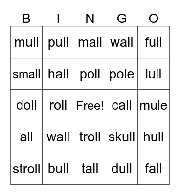 all,oll,ull words Bingo Card