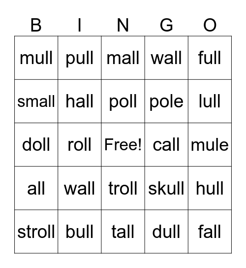 all,oll,ull words Bingo Card