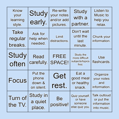 Study Skills BINGO Card
