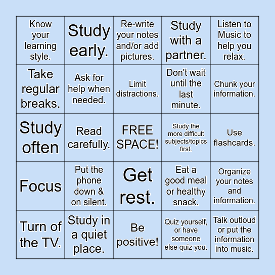 Study Skills BINGO Card