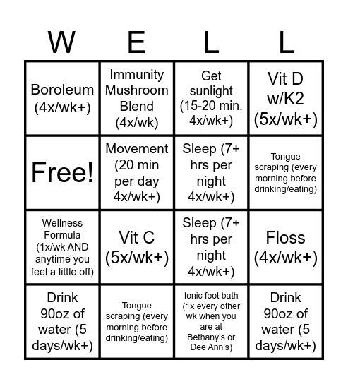 Winter Wellness BINGO Card