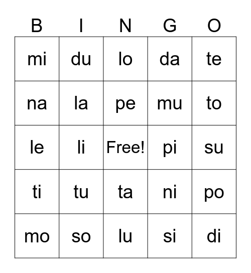 Bingo de sílabas Bingo Card