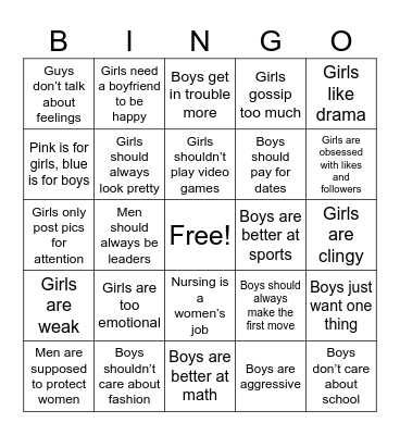 Gender Stereotype Bingo Card