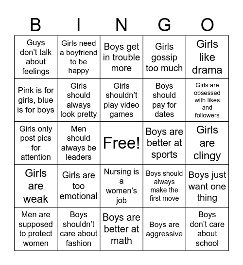 Gender Stereotype Bingo Card