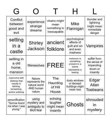 Gothic Literature BINGO Card