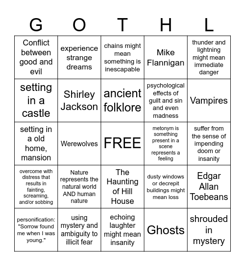Gothic Literature BINGO Card