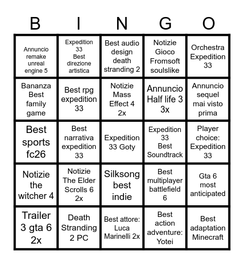 GOTY BINGUS Bingo Card