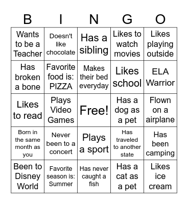 Friendship Bingo Card