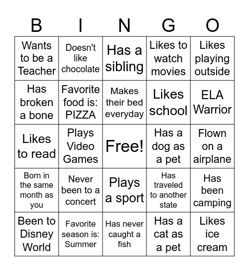 Friendship Bingo Card