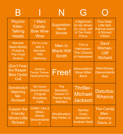 Halloween Playlist Bingo Card