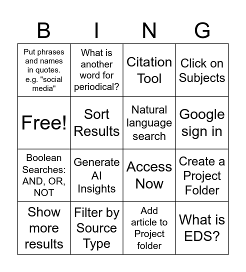 Sports Lit - Ebsco Discovery Bingo Card