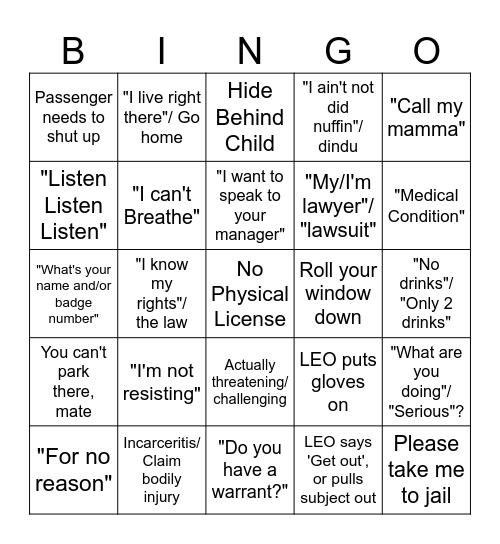 Buff Bodycam BINGO Card