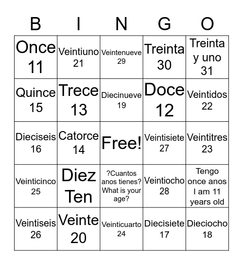 Spainsh bingo Card