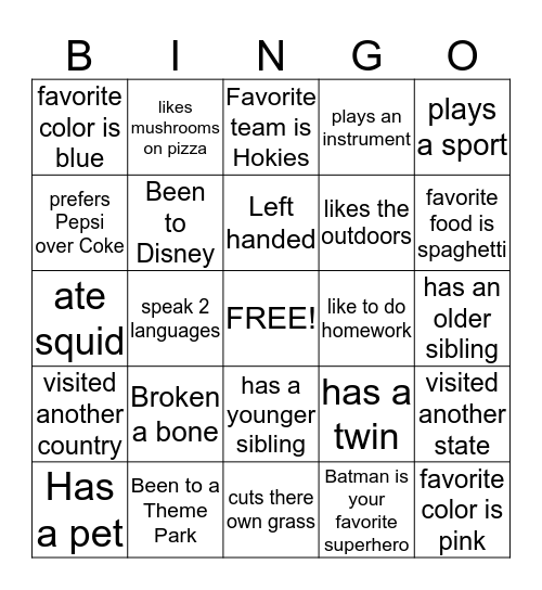 Early Challenge Ice Breaker Bingo Card