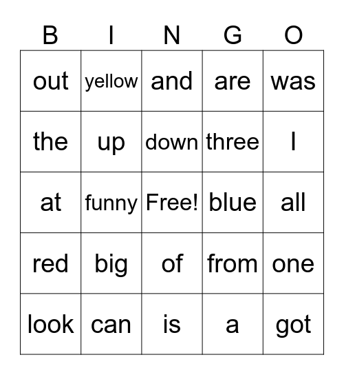Picture Reader Bingo Card