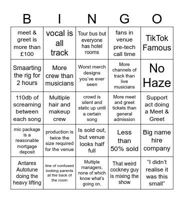 Pop Gig Bingo Card