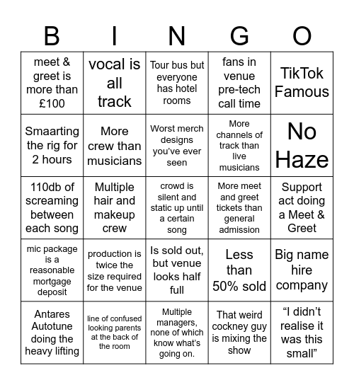 Pop Gig Bingo Card