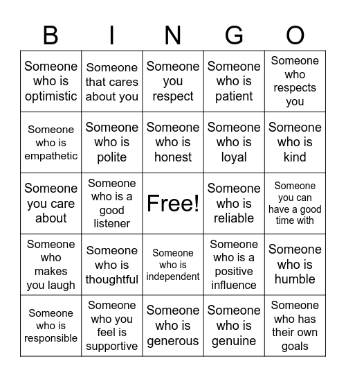 Healthy Relationships Bingo Card