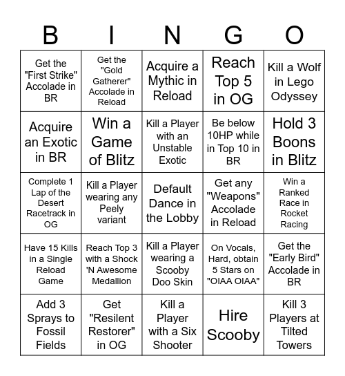 Fortnite Chapter 6 BINGO Card