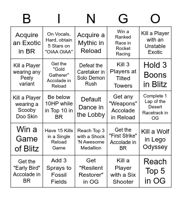 Fortnite Chapter 6 BINGO Card