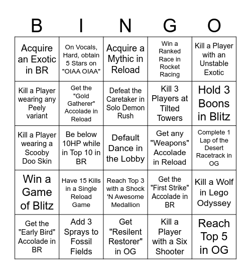 Fortnite Chapter 6 BINGO Card